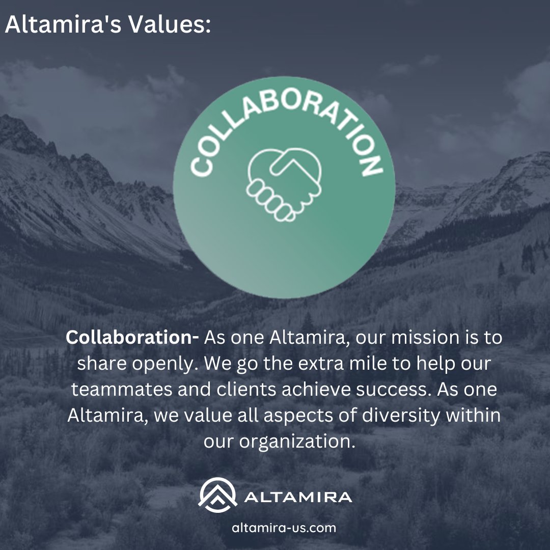 altamira_us's tweet photo. At @Altamira, we have 7 core values that drive our team. This weeks #ValuesHighlight is Collaboration! 

To learn more about how we can collaborate together to achieve success, visit https://t.co/QnYrsLScHg. #Collaboration #Values #Altamira https://t.co/6XtDlj4CgQ