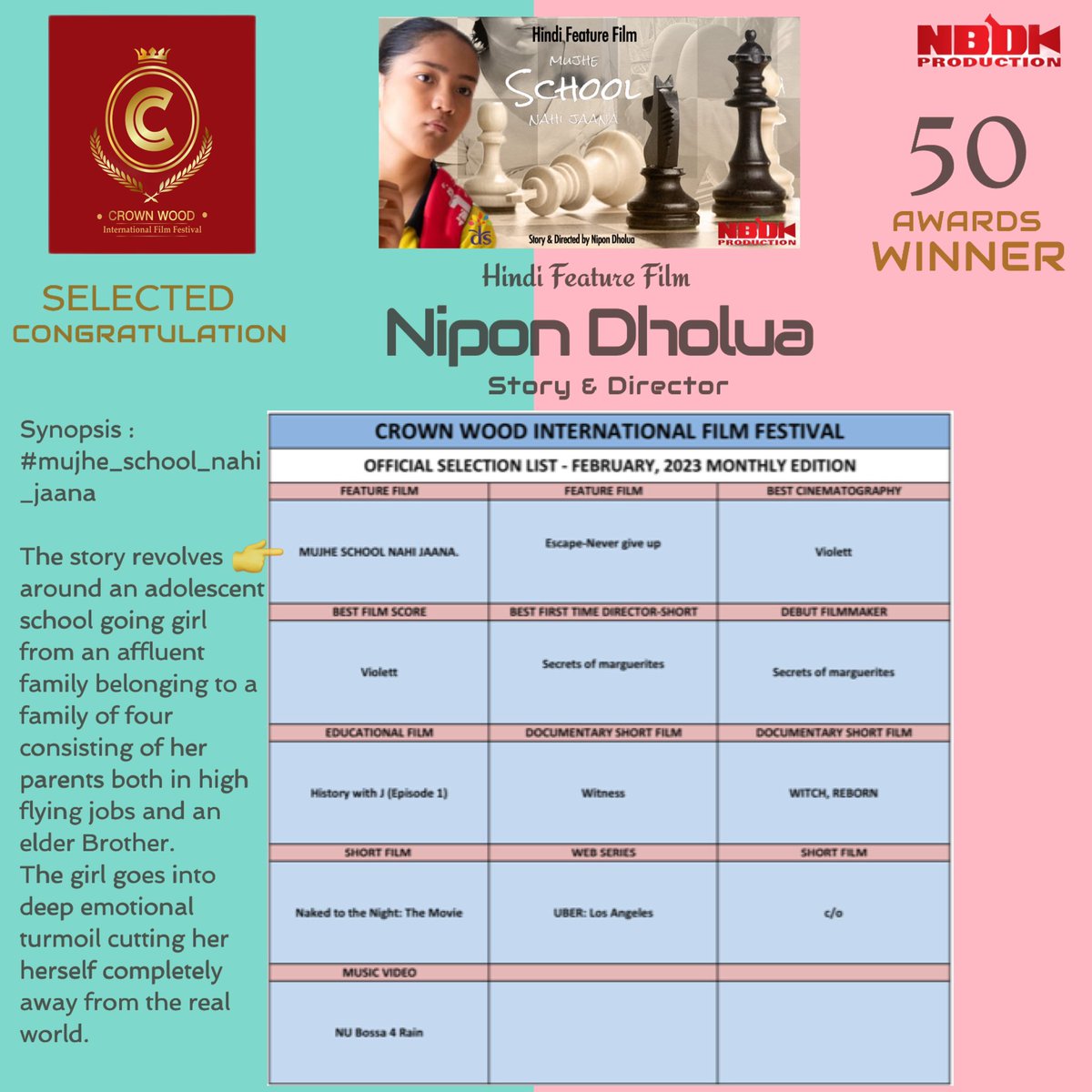 It is an honor to participate at the festival. Thank you for selecting our feature film entitled “ MUJHE SCHOOL NAHI JAANA “ 
#Crown Wood International Film Festival filmfreeway.com/CrownWoodinter… filmduniya #WorldCinema #filmfestivalcircuit #FilmmakersCommunity #filmlove  #filmmarket