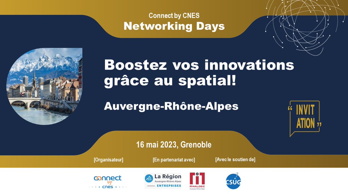 Rejoignez-nous à Grenoble pour notre prochain #NetworkingDay!
✅ Présentations, pitchs, témoignages inspirants, networking, B2B… 
👥 Avec la participation des principaux acteurs spatial, innovation, industrie, recherche...
Inscrivez-vous! 🚀
🗓 16.05
👉 bit.ly/3A2c9fg