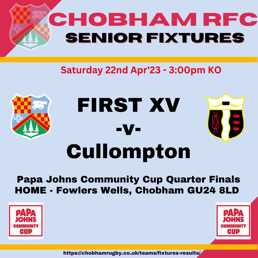 chobhamrugby's tweet photo. Chobham have been drawn at home against @CullomptonRFC in the Quarter Finals of the Papa Johns Communities Championship Cup (Counties 1), Saturday 22nd April.
This is the RFUs National Cup that finishes at Twickenham.
#gomightychobham
#PJCC
#roadtotwickenham https://t.co/dokj2iS76d