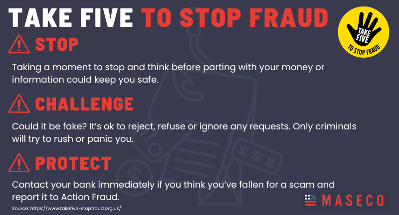 Today marks the start of the national campaign ‘Take Five to Stop Fraud’. Over the next five days, we will share tips to help you stay safe against fraud. #TakeFiveToStopFraud #FraudPrevention #StaySafeOnline