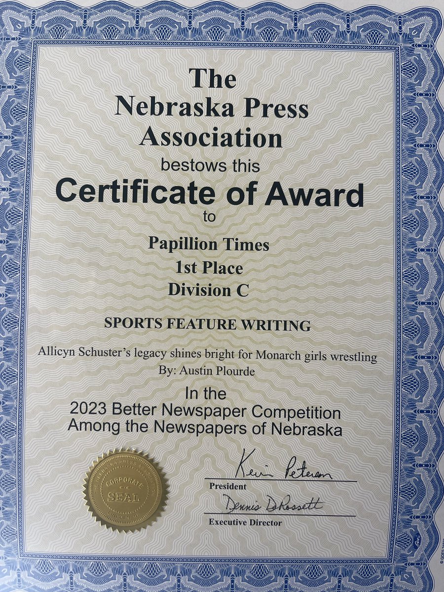 Austin plourde (@austin_plourde) on Twitter photo Wanted to share that I won an award for sports feature writing for a story I wrote in 2022 during wrestling season.
Thanks to <a href="/OfcJamieBrown/">Officer Jamie Brown</a> for talking to me about her daughter and filling me in on the immense impact Allicyn had on the sport of girls wrestling in Nebraska. Wanted to share that I won an award for sports feature writing for a story I wrote in 2022 during wrestling season.
Thanks to <a href="/OfcJamieBrown/">Officer Jamie Brown</a> for talking to me about her daughter and filling me in on the immense impact Allicyn had on the sport of girls wrestling in Nebraska.