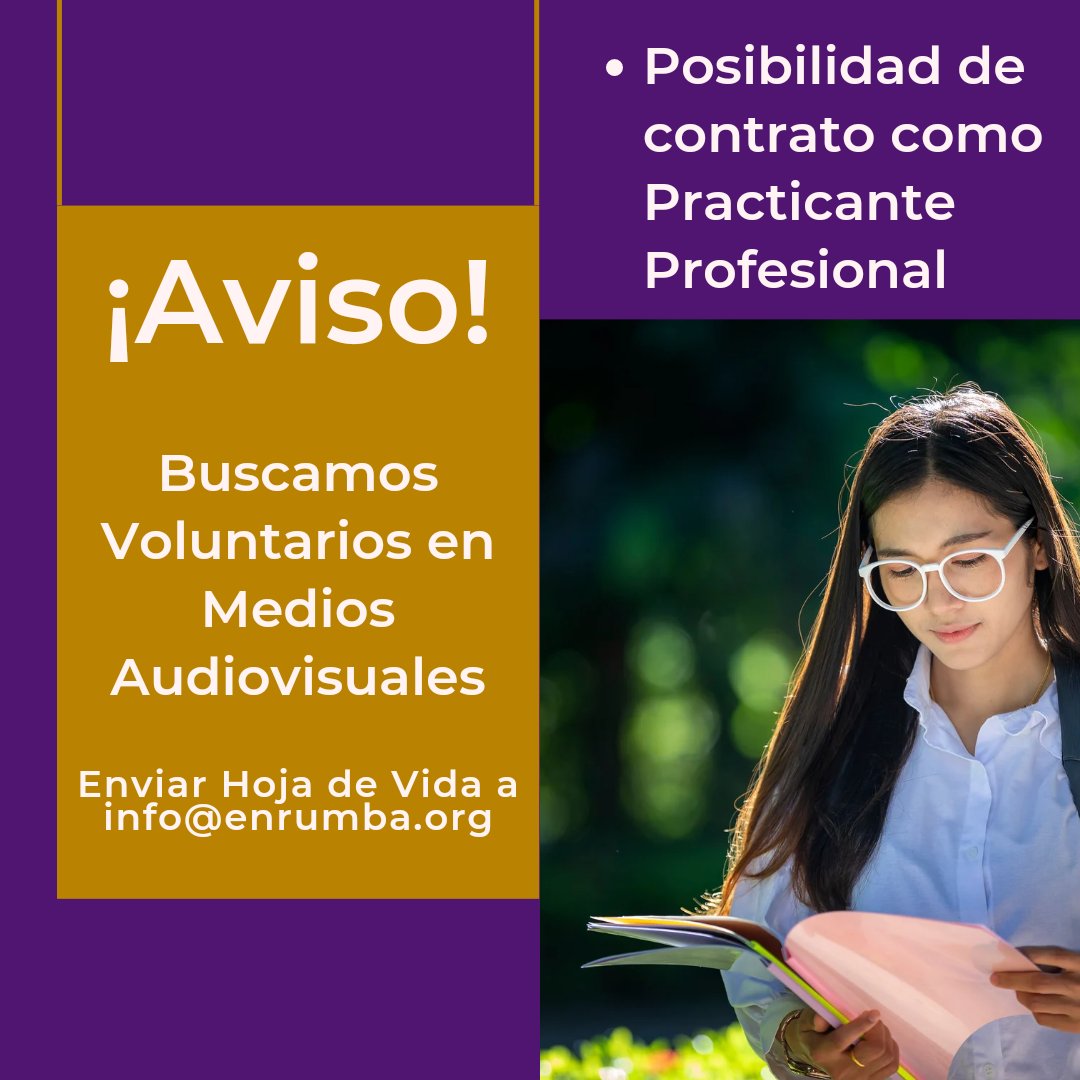 enrumbaorg's tweet photo. 📣 #Convocatoria para #Voluntarios en #MediosAudiovisuales. Entre sus funciones se encontrarán la creación de contenidos de video, comunicados gráficos y desarrollo de estrategias para mercadeo digital

#Voluntariado #Practicantes #Empleo  #Estudiantes #Profesionales #EnrumbaOrg https://t.co/oCpPBQeOqb