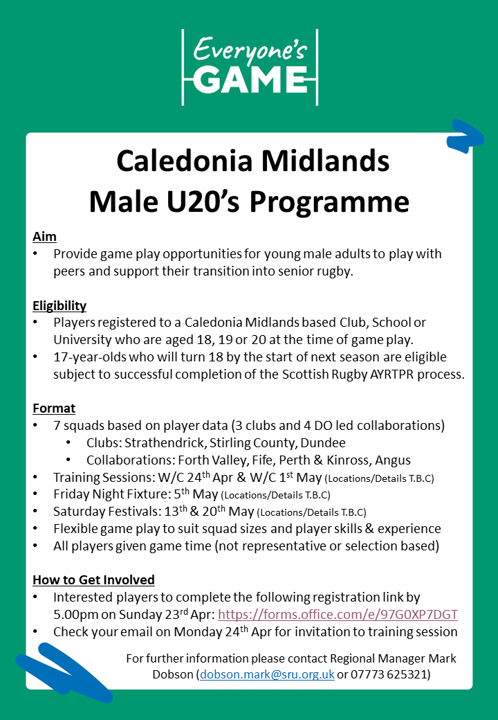 U20's Programme for Males in Caledonia Midlands 🏉

⬇️ See below for key details

To register: forms.office.com/e/97G0XP7DGT

<a href="/AndyCummins14/">Andy Cummins</a> <a href="/StewartRoss23/">Stewart Ross</a> <a href="/riddell07/">Scott Riddell</a> <a href="/GrangemouthDO/">Cammy Watson</a> <a href="/HillfootsYouth/">Murray McKenzie</a> <a href="/RugbySmudge/">Graham Smith</a>