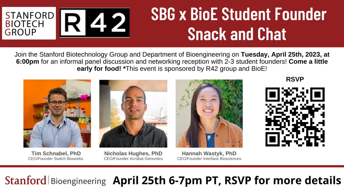 Join SBG and @StanfordBioE for a student founder snack and chat event on 4/25 at 6 pm! The event features <a href="/ScienceSchnabel/">Tim Schnabel</a> of <a href="/SwitchBioworks/">Switch Bioworks</a>, Nicholas Hughes of <a href="/acrobatgx/">Acrobat Genomics</a>, and <a href="/wastyk/">Hannah Wastyk</a> of <a href="/InterfaceBio/">Interface Biosciences</a>. RSVP here: forms.gle/roFKvFSzzxXdWR… Sponsored by <a href="/R42group/">R42</a> and @StanfordBioE