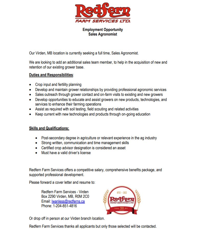**HIRING**  

Our Virden branch is still looking for a sales agronomist! Those interested, please apply!!   

Apply here-> redferns.ca/careers 

#Jobs #Agjobs #salesagronomist #jobseekers
