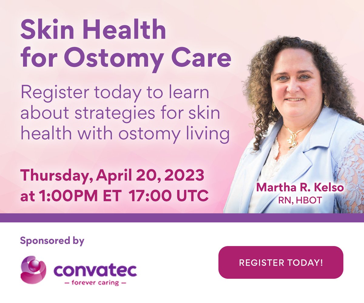 Convatec's tweet photo. LIVE this Thursday: Skin Health for Ostomy Care Webinar featuring
@MarthaRKelso RN, HBOT, CEO, Wound Care Plus, LLC - April 20, 2023 at 1:00 - 2:00pm ET (17:00 UTC).   Register and learn more: https://t.co/bGShFmJ8Fy #skinhealth #ostomycare https://t.co/1oWGCw0Q8X