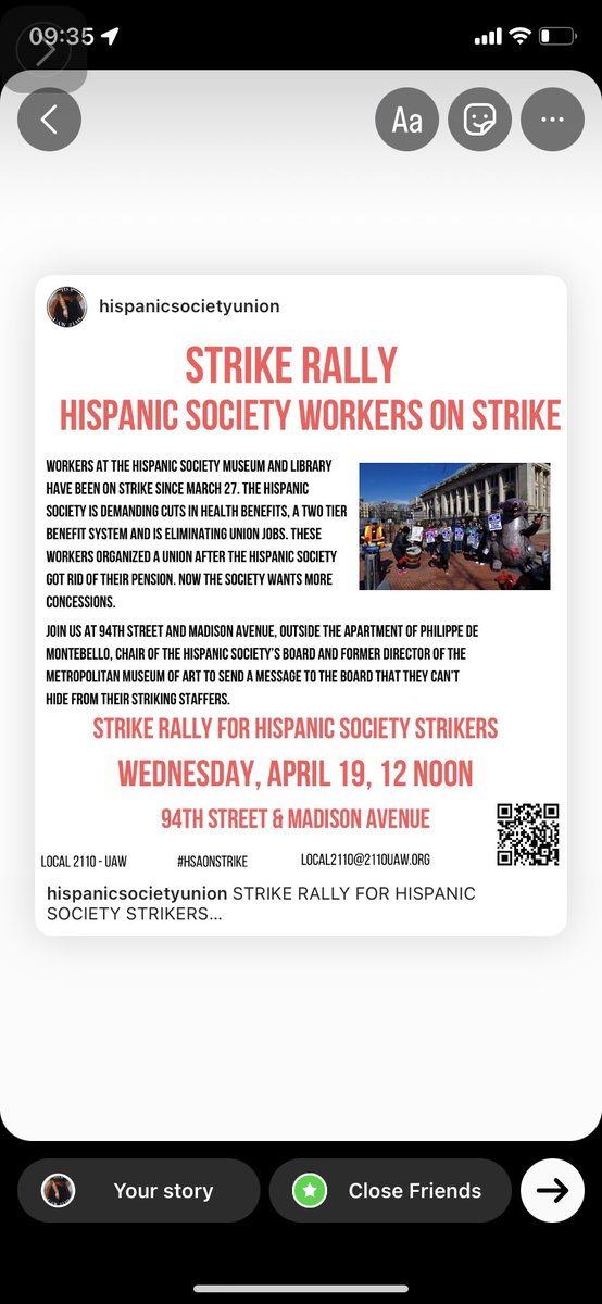 The workers of the #HispanicSocietyUnion have been #onstrike since 3/27
We are bringing the fight to the home of the chairman of the board and long time #unionbusting museum executive Philippe de Montebello fmr Met director. 
Join us!!! @Local2110UAW #unionstrong #artsworkers