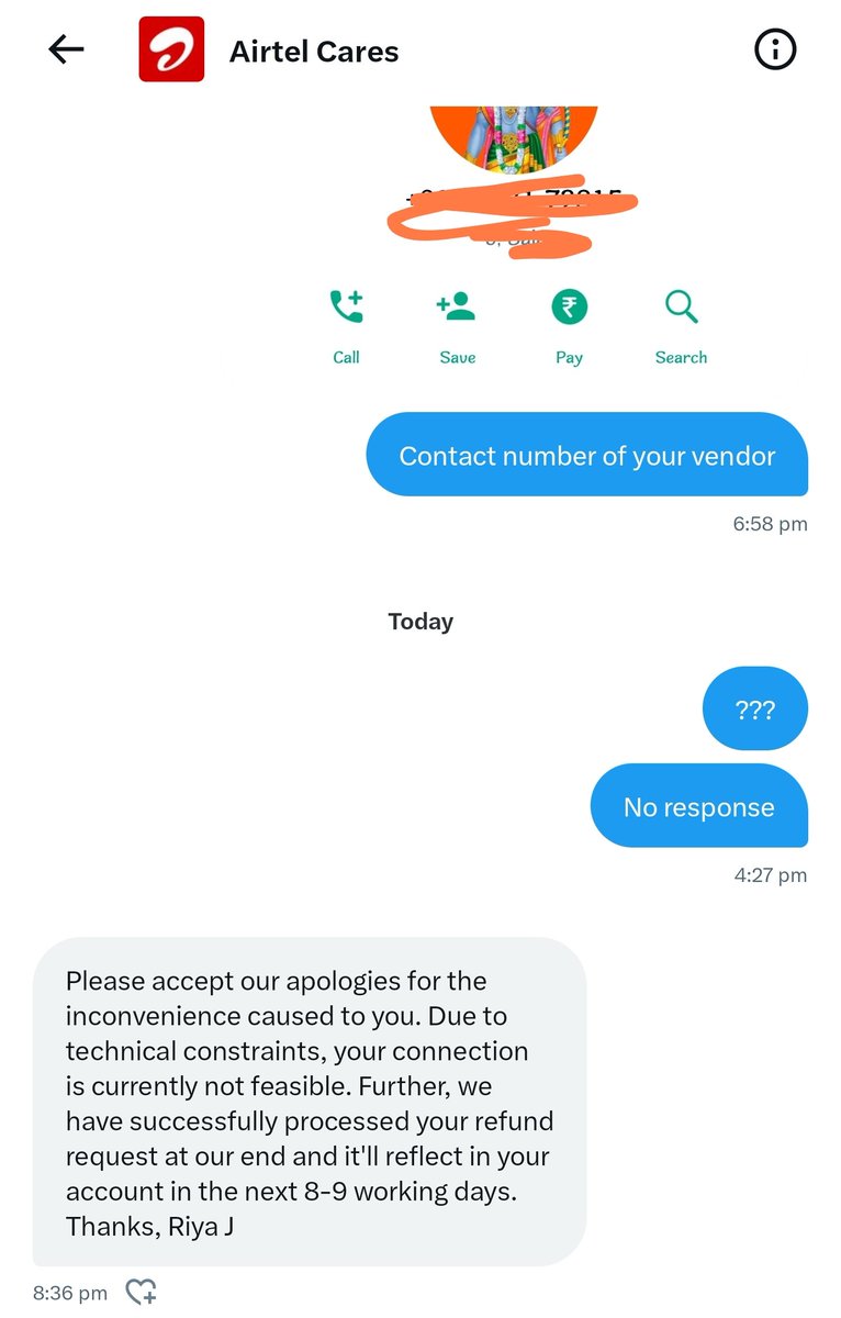 hubbinsarul's tweet photo. @Airtel_Presence @airtelindia @Airtel_Presence @airtelindia while it's ok for you to take upfront payment of 4k without even checking if delivery is feasible, why does it take a month to return the money? https://t.co/IX3CsUPy3f