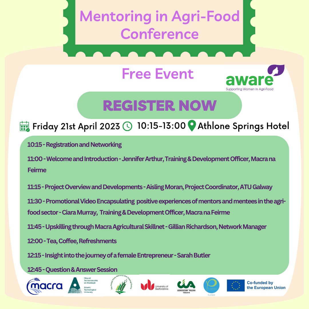 AgriwomenAWARE's tweet photo. 📢4 Days to Go!! Have you registered yet?
Are you a #Mentor in #AgriFood or looking for a Mentor? #free #conference a fantastic opportunity to #Network &amp; #learn
📅21 April 2023
⏰10:00-13:00 
📍Athlone Springs

#RegisterNow https://t.co/s8CrmSFbE1 https://t.co/1sDKZOydNI