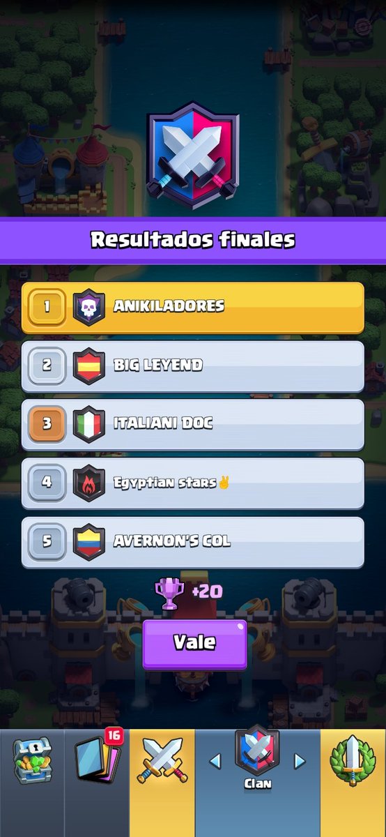 Finalizamos otra semana de guerra con victoria. Seguimos con la racha, ya son 8 guerras ganadas seguidas 📈📈. 'Don't stop the party' 🕺 #ClashRoyale #ClashInternacional #ClanTop #GuerraDeClanes #ClanEspaña