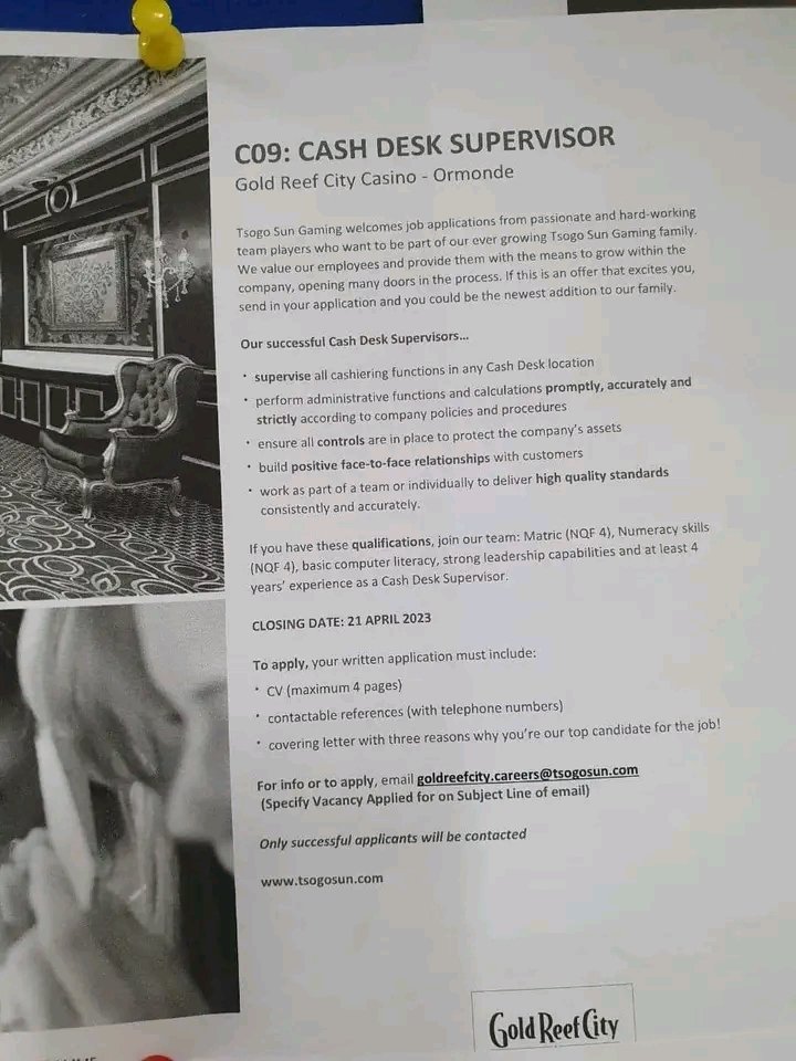 CarolBoitumelo1's tweet photo. We are hiring the following : 

🔹Cash DeSK Supervisor
🔹Assistant - Tables Manager - Large Properties

Location: Gold Reef City Ormonde and Montecasino Fourways

Closing Date 21 April 2023 https://t.co/YqMnF6PrEv
