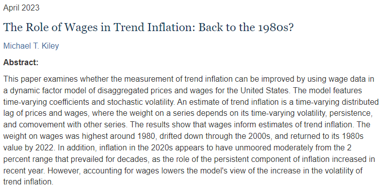 NickTimiraos's tweet photo. New paper from senior Fed economist Michael Kiley:

Inflation forecasting is hard. But "the data support a signal role for wages, and this signal is more important at certain points," including the late 1970s, the early 1980s, and right now https://t.co/faZTOs8q5D https://t.co/7ssopA7BiZ