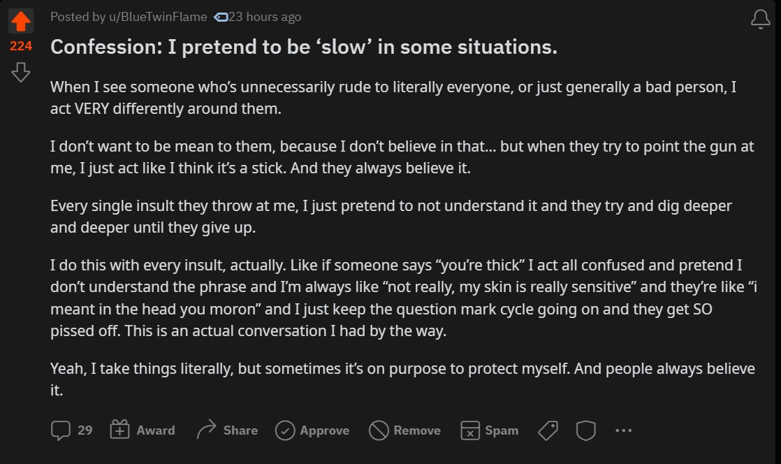 mykola's tweet photo. Amazing Autistic strategy to avoid being bullied: simply pretend not to understand. Play into their biases. Make it more work to bully you than reward.

(screenshot from this link: https://t.co/nswyhL63l7) https://t.co/JycmJbL5Db