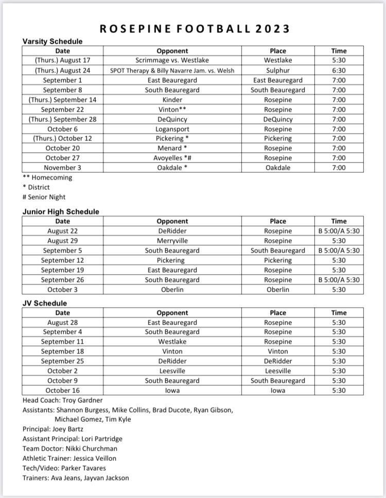 2023 Rosepine Football Schedule for all three teams. Note: Dates and Times can change.