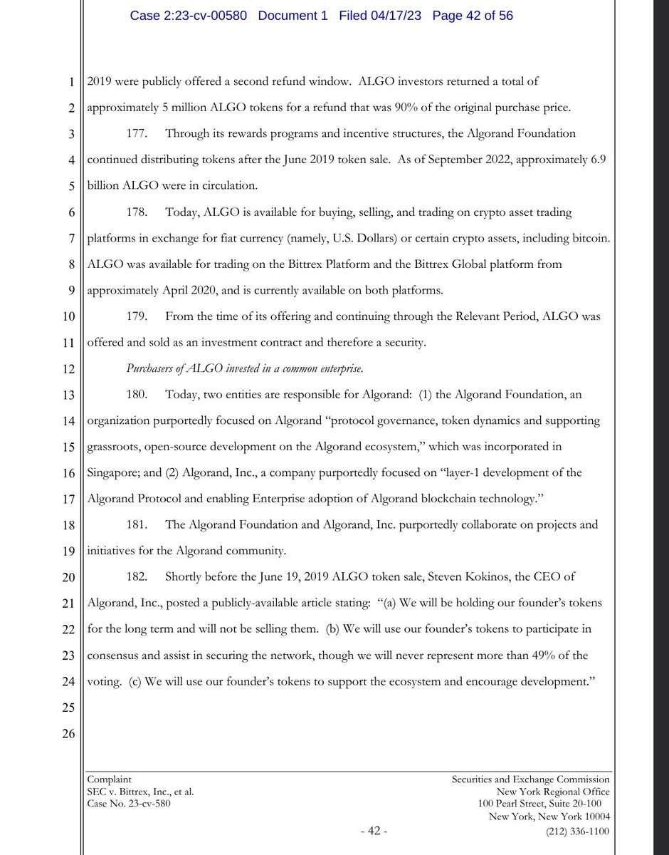 RealCirrus's tweet photo. For those interested in the SEC's logic in labeling $ALGO as a Security, here are the relevant pages from their complaint.

To my untrained eye, they're tying a tenuous thread together to lead the reader into believing #Algorand passes the Howey Test.

Thoughts @AlgoFoundation? https://t.co/ZbYLxh4Pp1