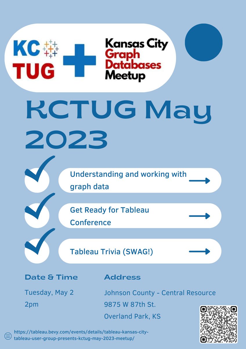 Hey, #KansasCity folks! It's time to get ready for the next #KCTUG meetup happening the first week of May! This month we're teaming up with <a href="/nsmith_piano/">Nathan Smith</a>  and the KC Graph Databases meetup group to learn about and visualize graph datasets in Tableau!

tableau.bevy.com/events/details…