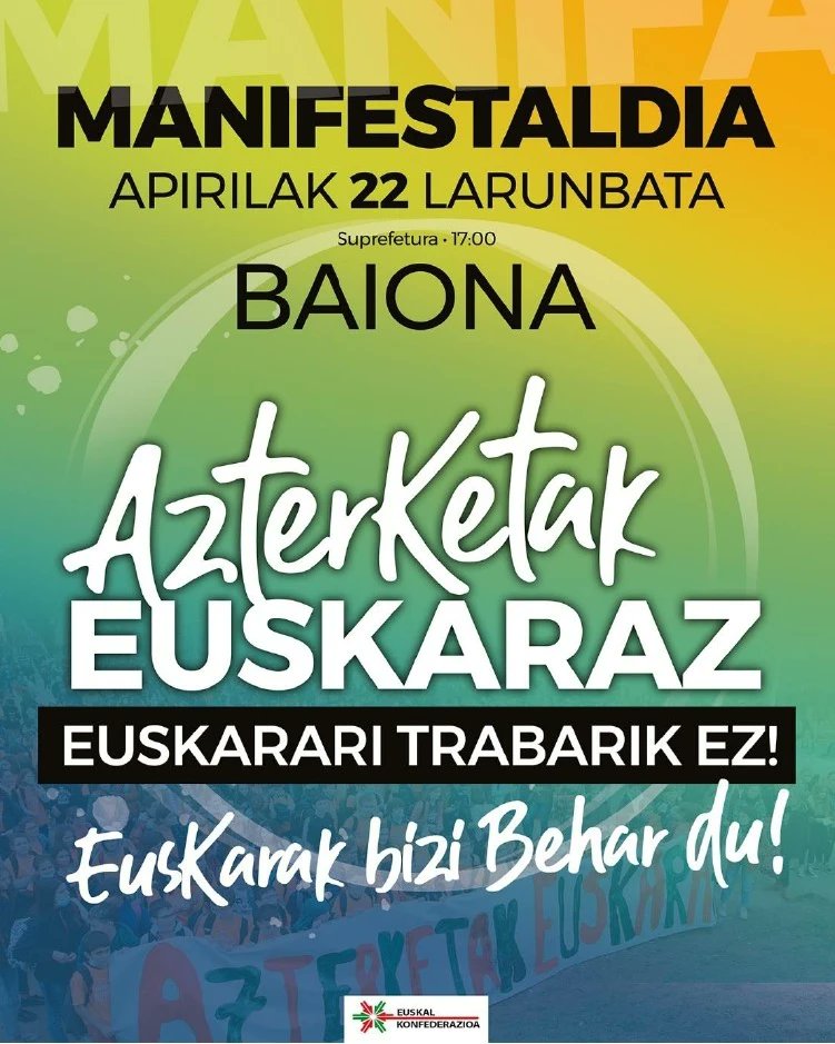 Larunbatean Baionako kaleak gazte euskaltzalez betetzeko deia egiten dugu! 

#AzterketakEuskaraz
#HezkuntzaEuskaraz
#EuskarariTrabarikEz