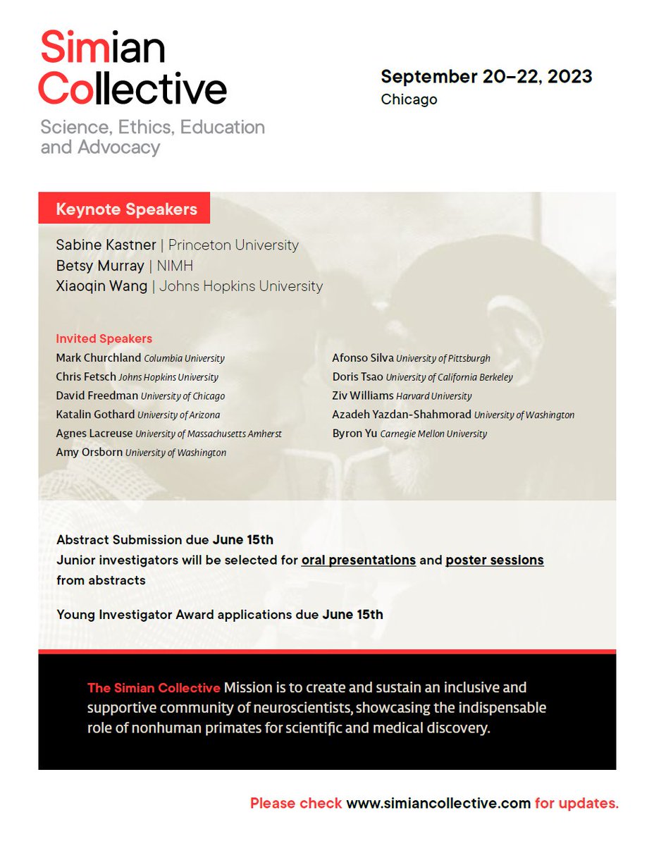 slimanjbensmaia's tweet image. Join us for the second Simian Collective meeting, focusing on NHP-based neuroscience, to be held in Chicago this fall! Amazing line-up, amazing city! Organized by @corymillermarmo &amp;amp; @MIcheleABasso1