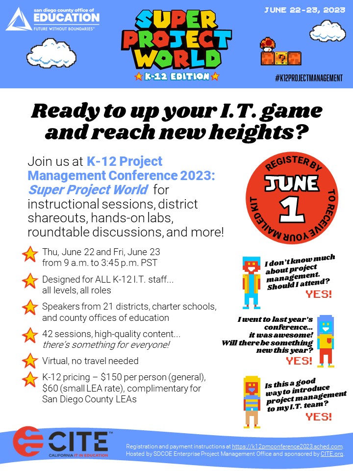 alphageeks's tweet image. I'm excited to be presenting at the SDCOE K-12 Project Management Conference 2023
Registration is now OPEN!
 k12pmconference2023.sched.com #k12projectmanagement @sched
