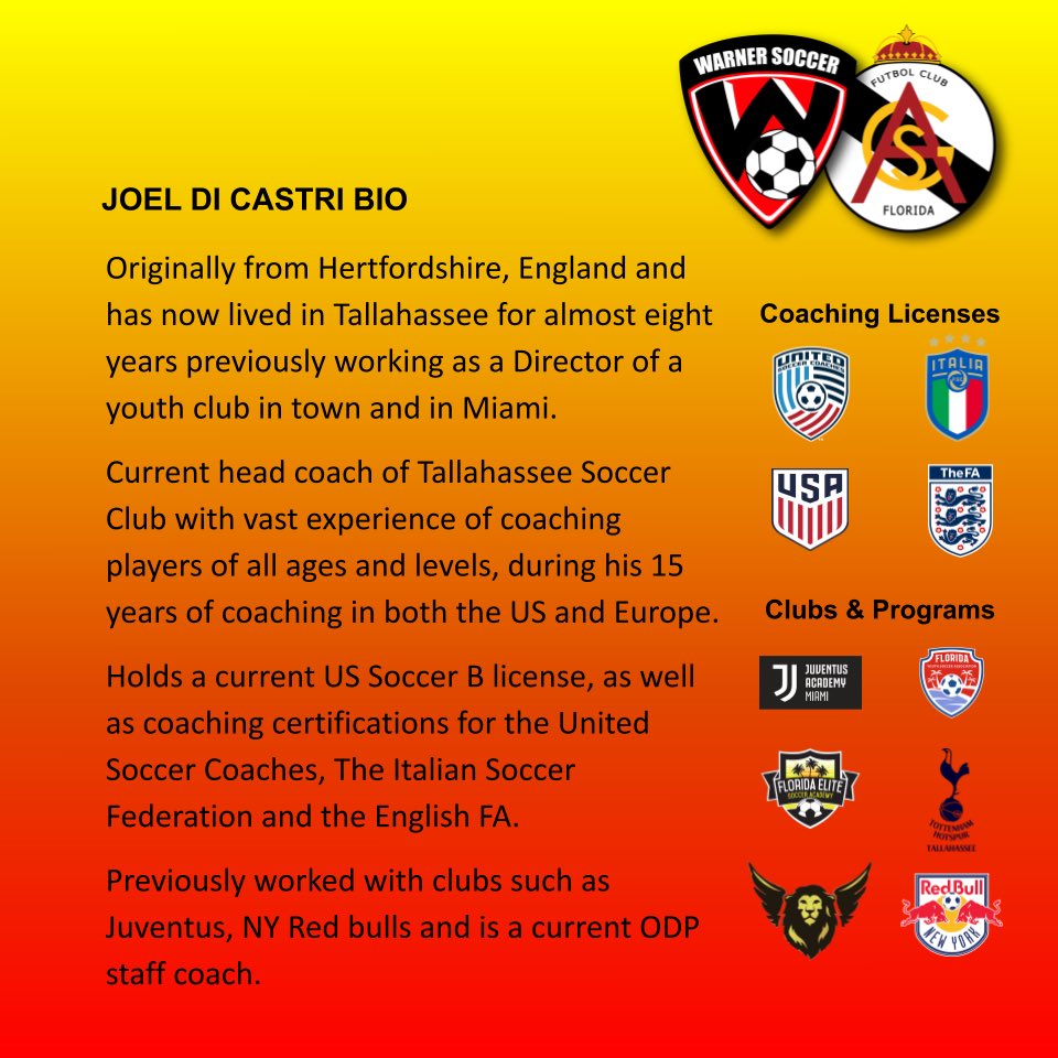 ASGFlorida's tweet image. Exciting news this morning ASG families.  Please welcome Coach Joel Di Castri as our new Senior Boys Director for the 2023/24 season.  The current Tallahassee Soccer Club head coach will join us at Thursday's summit to talk to you more about what to expect next season.