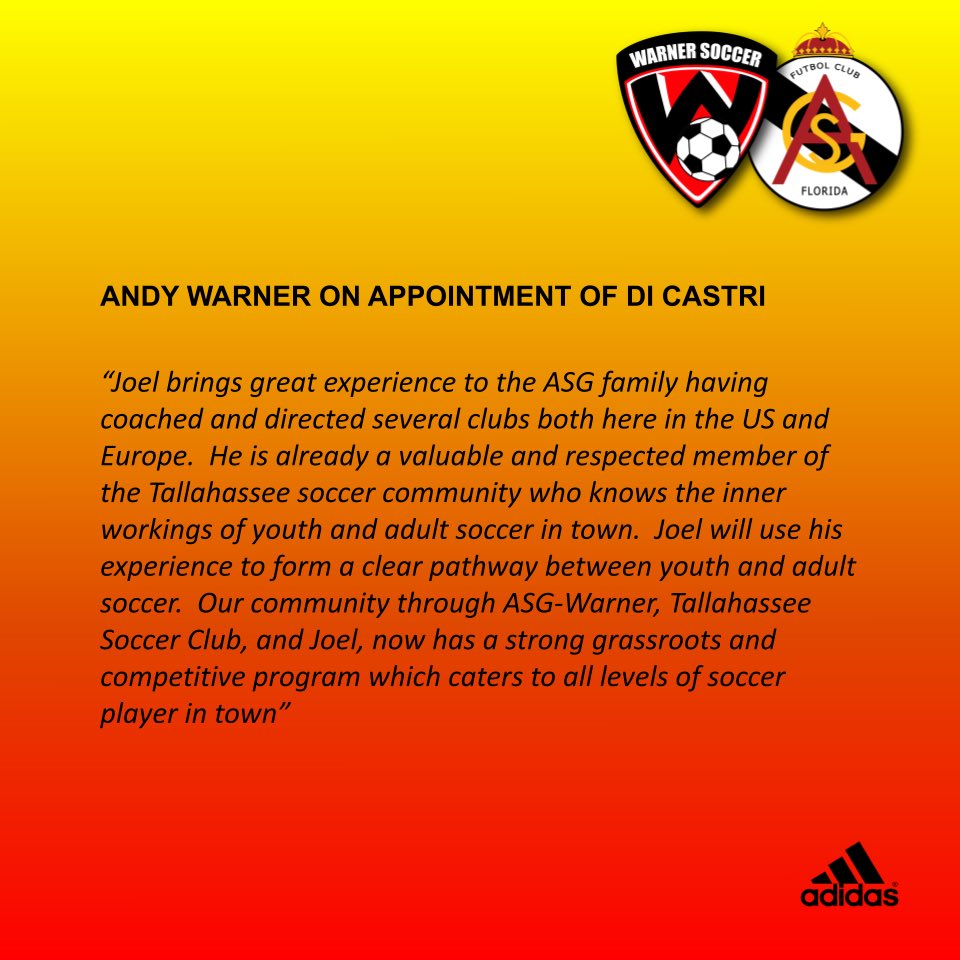 ASGFlorida's tweet image. Exciting news this morning ASG families.  Please welcome Coach Joel Di Castri as our new Senior Boys Director for the 2023/24 season.  The current Tallahassee Soccer Club head coach will join us at Thursday's summit to talk to you more about what to expect next season.