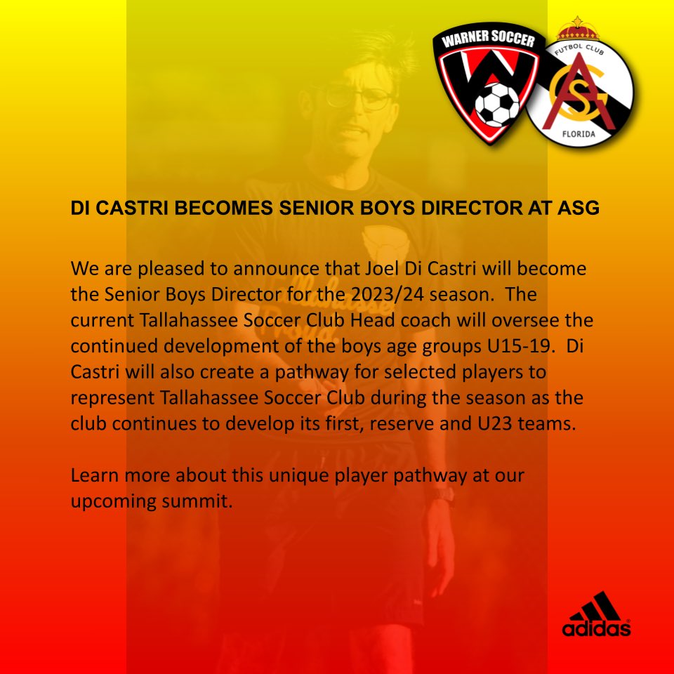 ASGFlorida's tweet image. Exciting news this morning ASG families.  Please welcome Coach Joel Di Castri as our new Senior Boys Director for the 2023/24 season.  The current Tallahassee Soccer Club head coach will join us at Thursday's summit to talk to you more about what to expect next season.