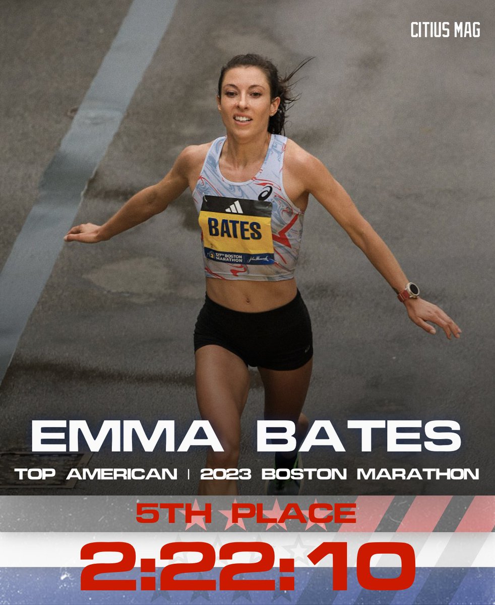 CITIUS MAG (@citiusmag) on Twitter photo TEAM BOSS IN THE HOUSE
@emmajbates delivers a stellar performance at the 2023 <a href="/bostonmarathon/">Boston Marathon</a>, setting a PB of 2:22:10 en route to a 5th place finish.
Bates moves up to U.S. No. 10 all-time, all-conditions in the marathon. TEAM BOSS IN THE HOUSE
@emmajbates delivers a stellar performance at the 2023 <a href="/bostonmarathon/">Boston Marathon</a>, setting a PB of 2:22:10 en route to a 5th place finish.
Bates moves up to U.S. No. 10 all-time, all-conditions in the marathon.