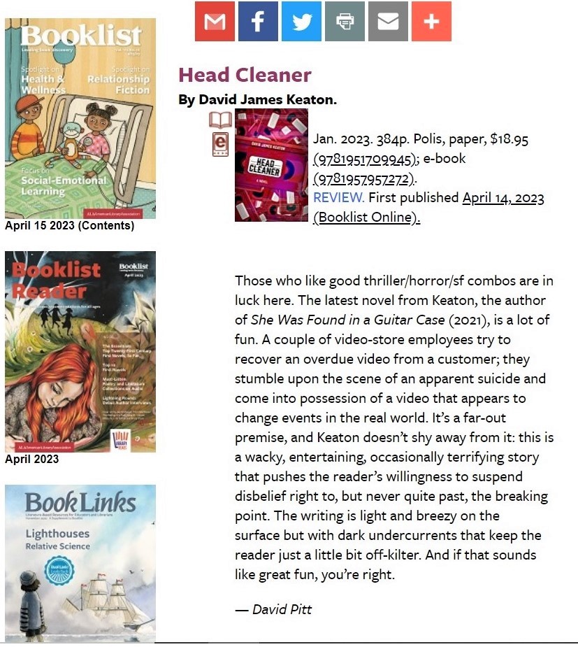 Head Cleaner seems to have opened a couple new doors (like reviews in new places) and today my very first Booklist review dropped. It's full of great stuff! 

Key word throughout is "fun."
