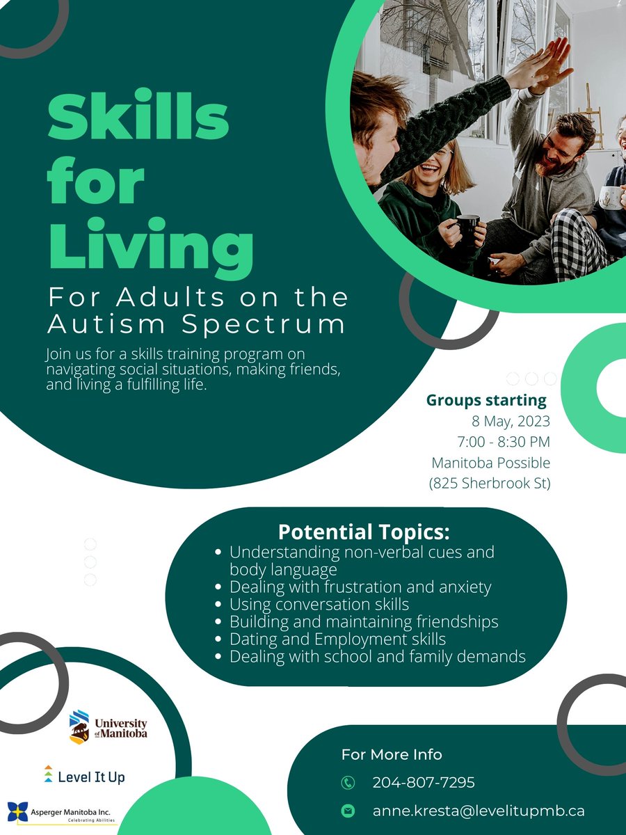 Are you an adult with #autism in #Winnipeg? Are you looking for an opportunity to make friends and build skills in a fun group setting? Join us for the Skills for Living program! More information is available at janinemontgomery.wixsite.com/socialcoglab-m….