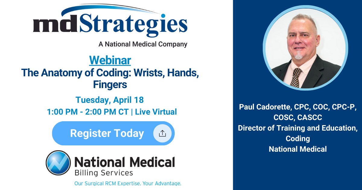 nimblercm's tweet image. 📢 Attention Coders! Join us tomorrow for our next webinar in the Anatomy of Coding webinar "Hands, Wrists and Fingers" hosted by Paul Cadorette.
April 18th, 1-2pm CT 👇
bit.ly/3mI3w6s
#CPT #CPTcoding #codingwebinar #CodingEducation