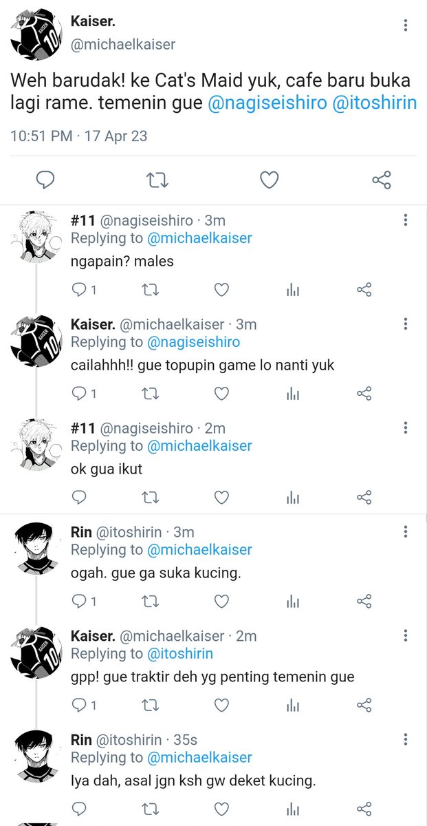 snaffleblossom's tweet photo. #Prompt ━⁠☆ﾟ⁠.⁠*⁠･⁠｡ﾟCAT'S MAID 🐈  
Sebuah cafe kucing yang menyediakan pelayanan dengan seorang maid boy.
| #kaisagi #rinsagi #nagisagi #kiis #rnis #ngis 
© snaffleblossom https://t.co/BoDs4qgot4