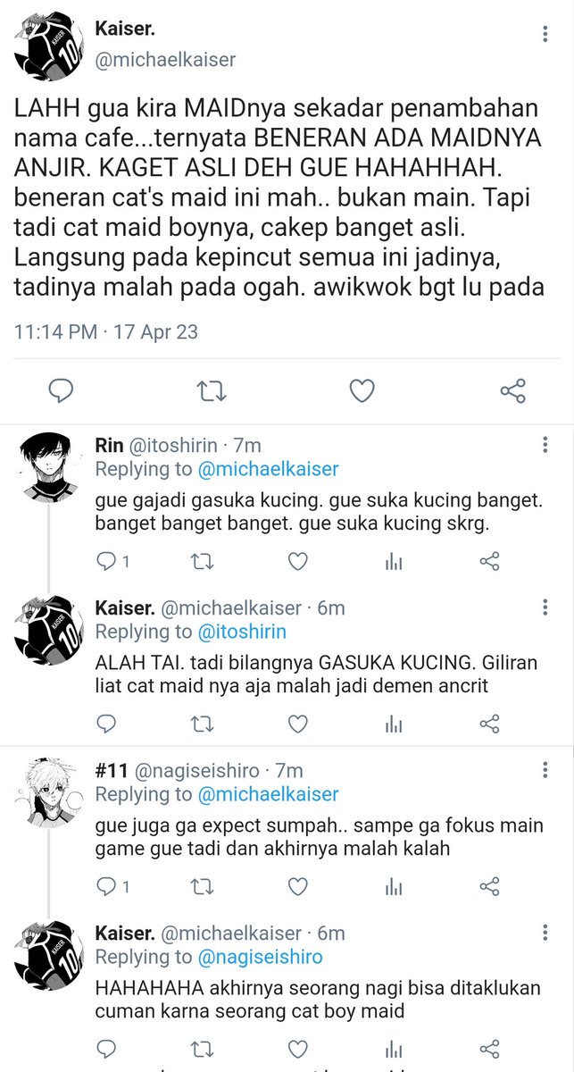 snaffleblossom's tweet photo. #Prompt ━⁠☆ﾟ⁠.⁠*⁠･⁠｡ﾟCAT'S MAID 🐈  
Sebuah cafe kucing yang menyediakan pelayanan dengan seorang maid boy.
| #kaisagi #rinsagi #nagisagi #kiis #rnis #ngis 
© snaffleblossom https://t.co/BoDs4qgot4