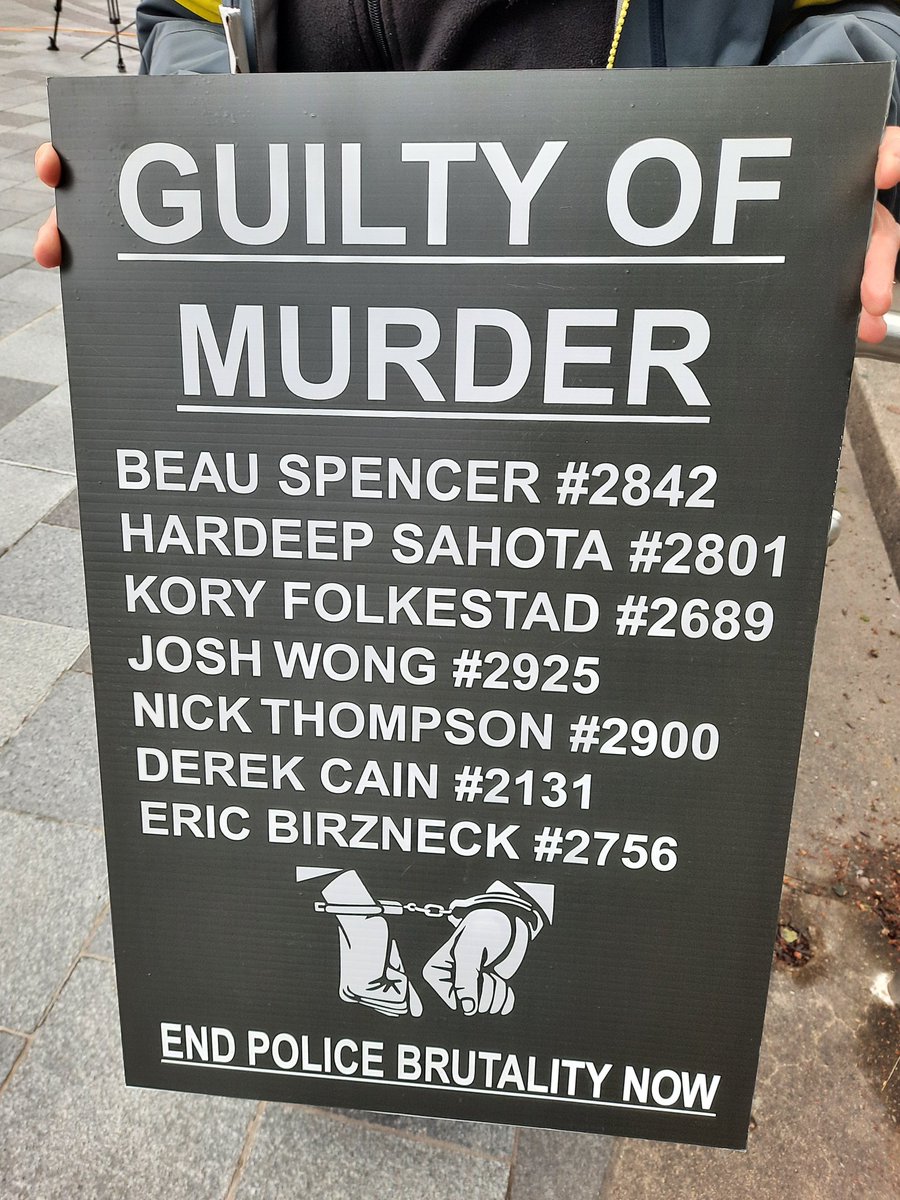 Justice for Myles Gray. At the Coroner's Inquest this morning.

The VPD officers identified in Myles’ murder are:

Hardeep Sahota #2801
Kory Folkestad #2689
Joshua Wong #2925
Nick Thompson #2900
Derek Cain #2131
Beau Spencer #2842
Eric Birzneck #2756 

#AbolishThePolice