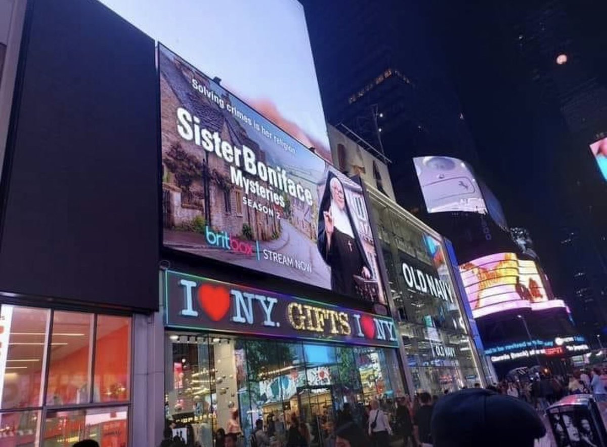 Well that’s delightful!! Sister Boniface Season 2 out on @BritBox_US Think it fits in perfectly in Times Square ❤️ xx 
@hatch_talent 

#sisterbonifacemysteries #Northernactress #gratitude #visuallyimpairedactress #lgbtq  #love #TimesSquare