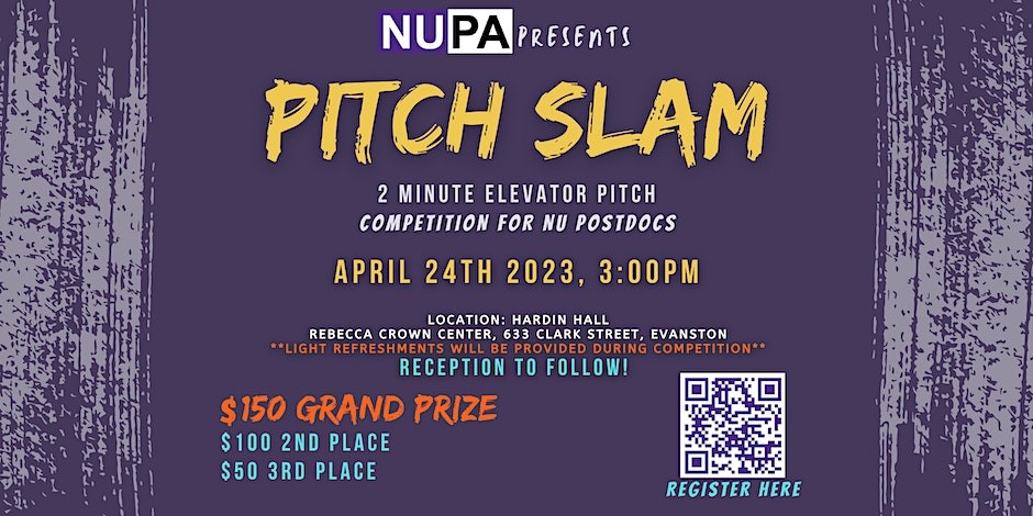 Join @NUPostdocs for their Annual Pitch Slam on Mon, Apr 24 from 3:00–5:00 PM at Hardin Hall in the Rebecca Crown Center (spr.ly/6016OOBPw) Learn more + register @ spr.ly/6017OOBPb.
