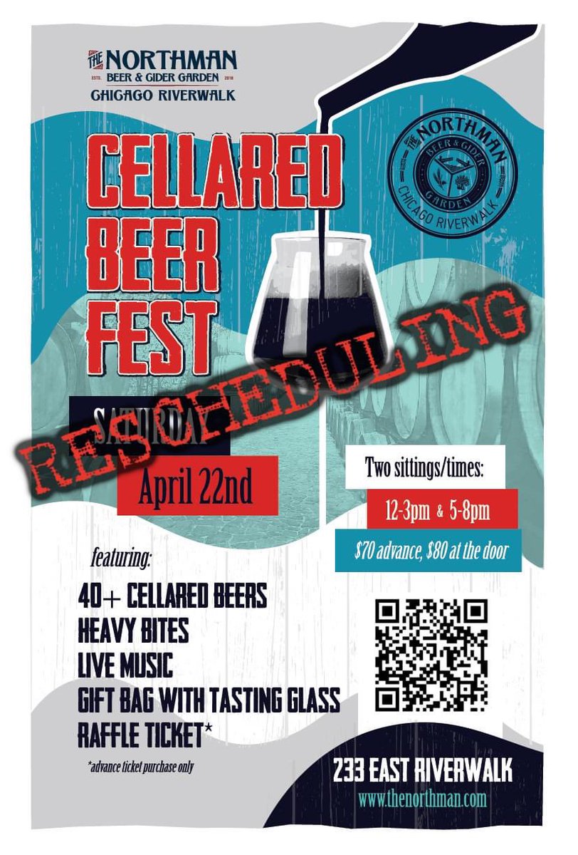 Due to inclement weather, we have made the difficult decision to reschedule our Cellared Beer Fest. We apologize for any inconvenience to attendees. We r rescheduling to Sat, May 20th. Tickets will auto transfer or a refund can be issued upon request. #thenorthmanriverwalk