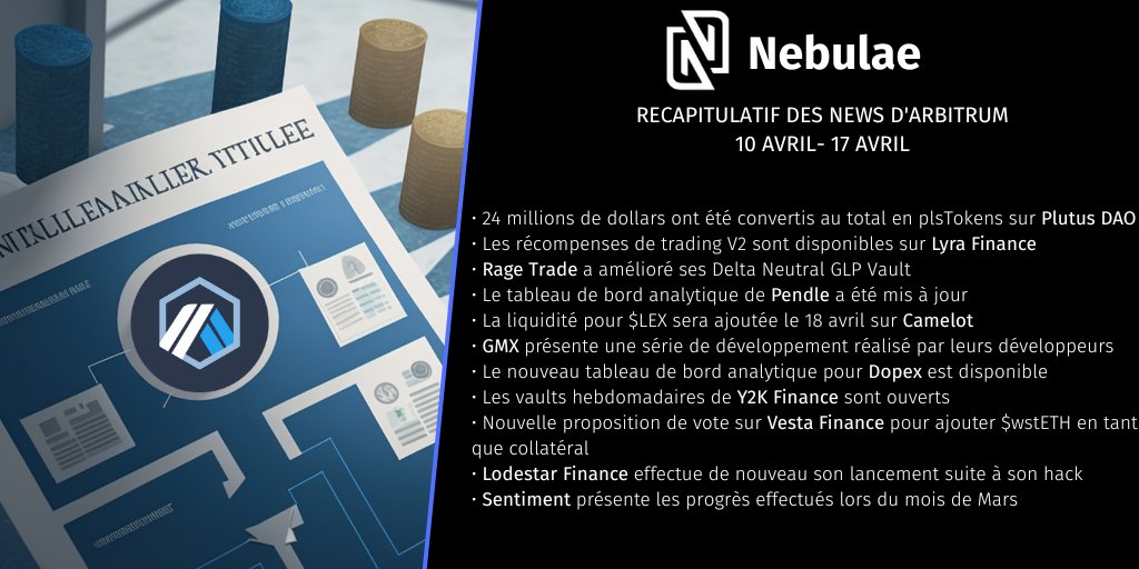 NebulaeVentures's tweet photo. [#THREAD] Lundi, jour habituel de la semaine pour vous proposer le récapitulatif hebdomadaire de ce qui s’est passé dans l’écosystème #Arbitrum 👀

On est parti !

🧵⬇️
#ThreadNewsWeekly https://t.co/ozl1oN1BwG