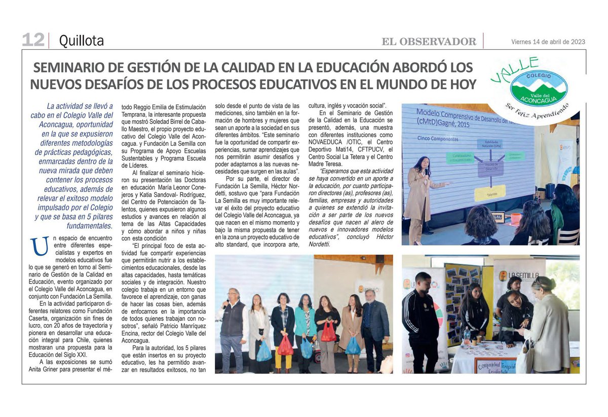 La semana pasada estuvimos en el Seminario de Gestión de la Calidad en la Educación de <a href="/fundlasemilla/">Fundación La Semilla</a> y Colegio Valle del Aconcagua.

Fue una actividad muy provechosa donde pudimos entregar nuestra visión sobre cómo queremos lograr calidad en educación.
👉 bit.ly/3UKoaiQ