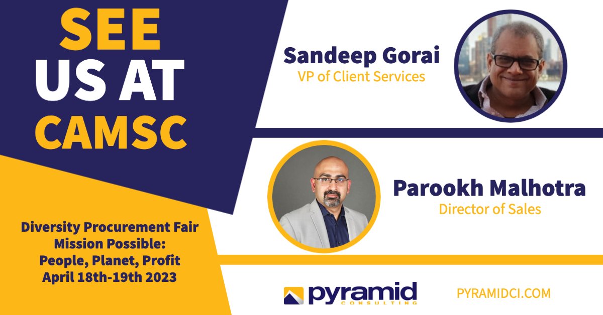 PyramidCiGlobal's tweet photo. CAMSC's 19th Annual #ProcurementFair is a great chance to learn about sustainable #procurement & #ESG practices.
@PyramidCiGlobal will be represented by Sandeep Gorai & Parookh Malhotra at the event.
Come meet us to know how we can help transform the search for the right talent! https://t.co/tq6SmuTfhi
