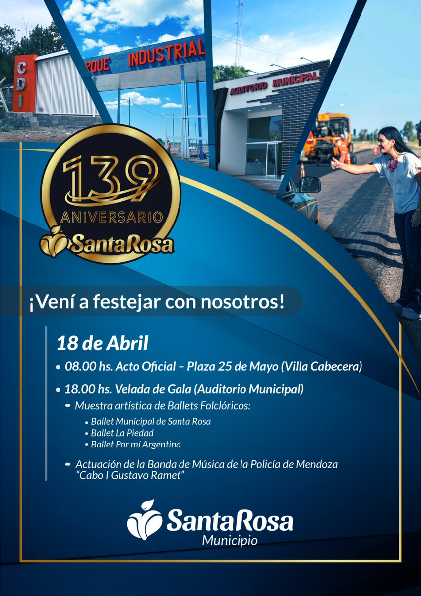 𝗦𝗔𝗡𝗧𝗔 𝗥𝗢𝗦𝗔 𝗖𝗘𝗟𝗘𝗕𝗥𝗔 𝗦𝗨 𝟭𝟯𝟵º 𝗔𝗡𝗜𝗩𝗘𝗥𝗦𝗔𝗥𝗜𝗢 
Esta martes 18 de abril, con un acto protocolar y una gran velada de gala, nuestro departamento festejará un año más de su creación.

➡️ Info santarosamendoza.gob.ar/noticias/santa…