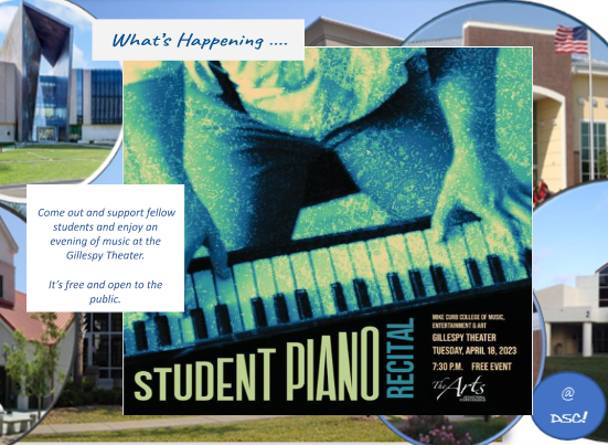 DSCASC's tweet photo. Don't miss an opportunity to celebrate the hard work and talents of fellow students at a Student Piano Recital DSC us hosting, 7:30 this Thursday, at the Gillespy Theater. It's free, open to the public, and a great way to get out and relax. #mondaysformusic https://t.co/rA1QoUwLA9