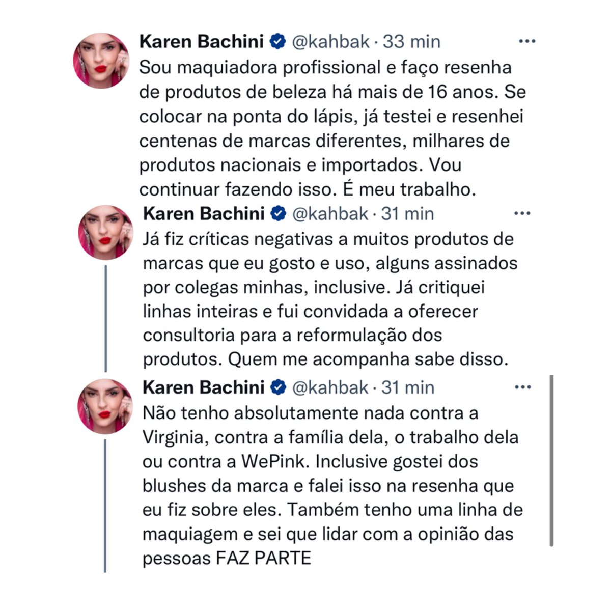 choquei's tweet photo. 🚨FAMOSOS: Karen Bachini se pronuncia após Virginia falar que ela incentivou a polêmica da base: 

“Já testei centenas de marcas diferentes, milhares de produtos nacionais e importados. Vou continuar fazendo isso. É o meu trabalho. Não tenho absolutamente nada contra a
Virginia” https://t.co/2DI40UpYtP