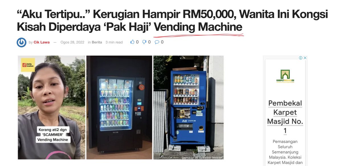 ajai_consultant's tweet photo. Pelaburan yg tgh hype sekarang nie adlh “Vending Machine”

Ada beberapa pilihan pakej yg ditawarkan, ada RM10k, RM20k, RM50k mahupun min RM1k pun ada. 

Dijanjikan dpt “Passive Income setiap bulan”

“Aku Tertipu.. Kerugian Hampir RM50k diperdaya PAK HAJI Vending Machine” https://t.co/HdILdsarQk