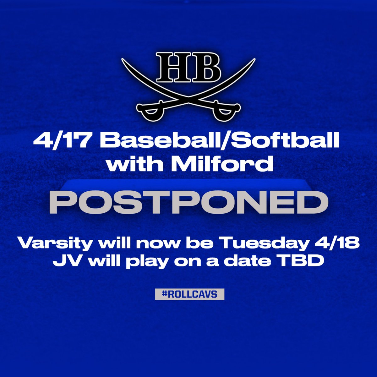4/17 Baseball/Softball w/ Milford - POSTPONED to 4/18
JV game postponed to a date TBD <a href="/hbabccavs/">HBABC - Hollis Brookline Athletic Booster Club</a> <a href="/HB_highschool/">Cavaliers</a>