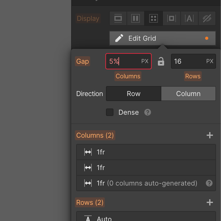 TheFrostMan's tweet photo. @webflow Why is using % for grid gap initially disabled? But if you change the element to Flex, add gap %, then change back to grid, it works. Can this be fixed? https://t.co/VXs4uCbAe1