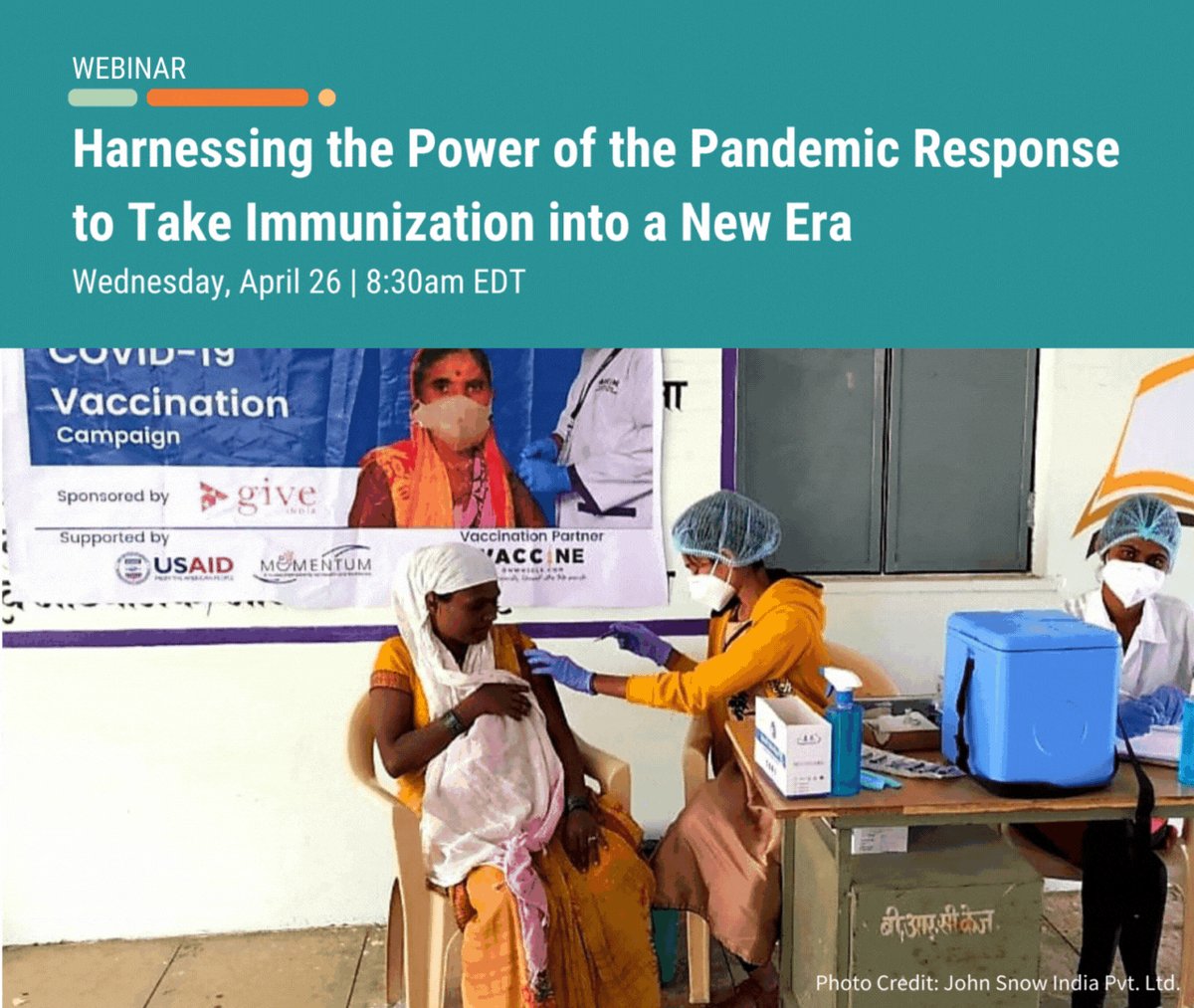 WEBINAR ALERT: Join MOMENTUM Routine Immunization on April 26 @ 8:30 am EDT to hear lessons learned from #India and #Mozambique during the pandemic and how they can be applied to #RoutineImmunization 💉 

Register now: jsi.zoom.us/webinar/regist…