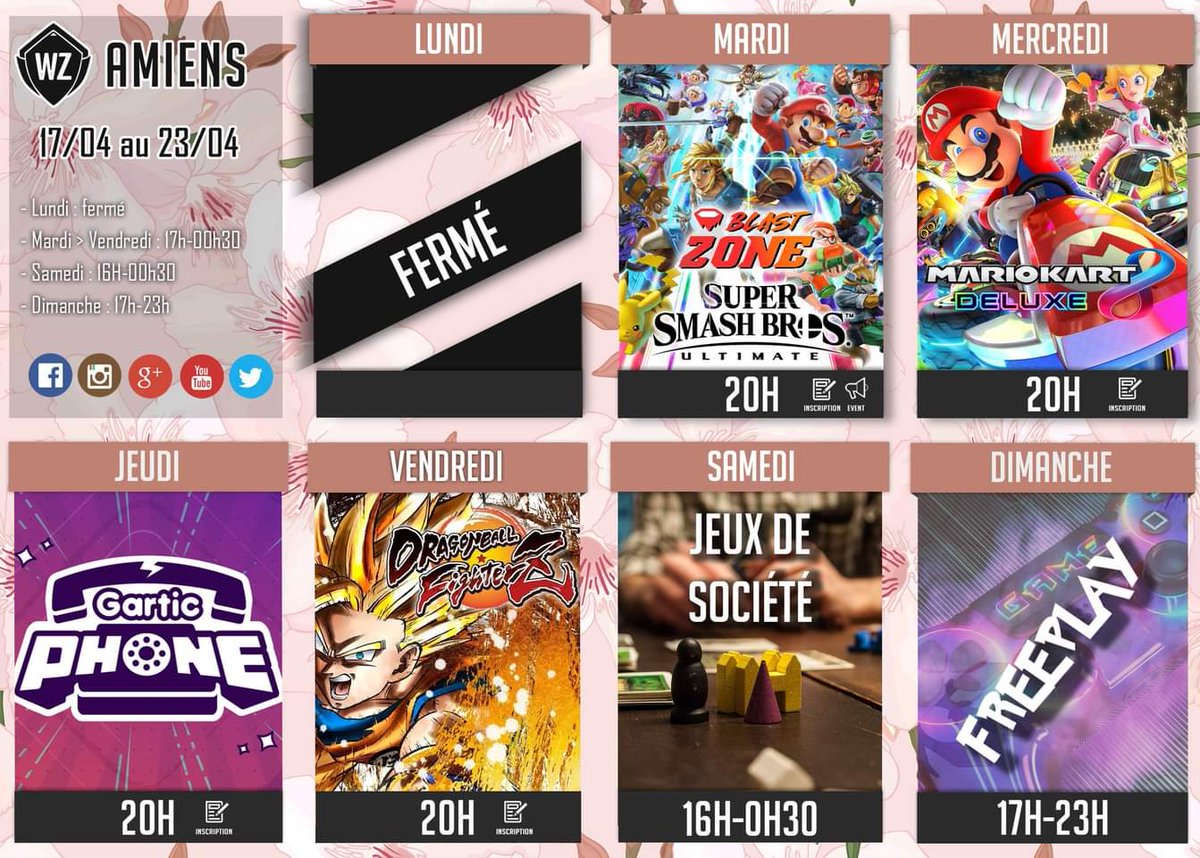 WpZAmiens's tweet photo. 🎮🌸 Programme du 17 au 23 avril 🌸🎮

💥 Mardi - Tournoi de Super Smash Bros Ultimate organisé par @BlastZone_, inscription obligatoire via Challonge !

⤵️ https://t.co/DuYMvG2mll 

#barconcept #barajeux #amienstourisme #amiensmaville #bargaming #amiens https://t.co/k9ncwRFhVq