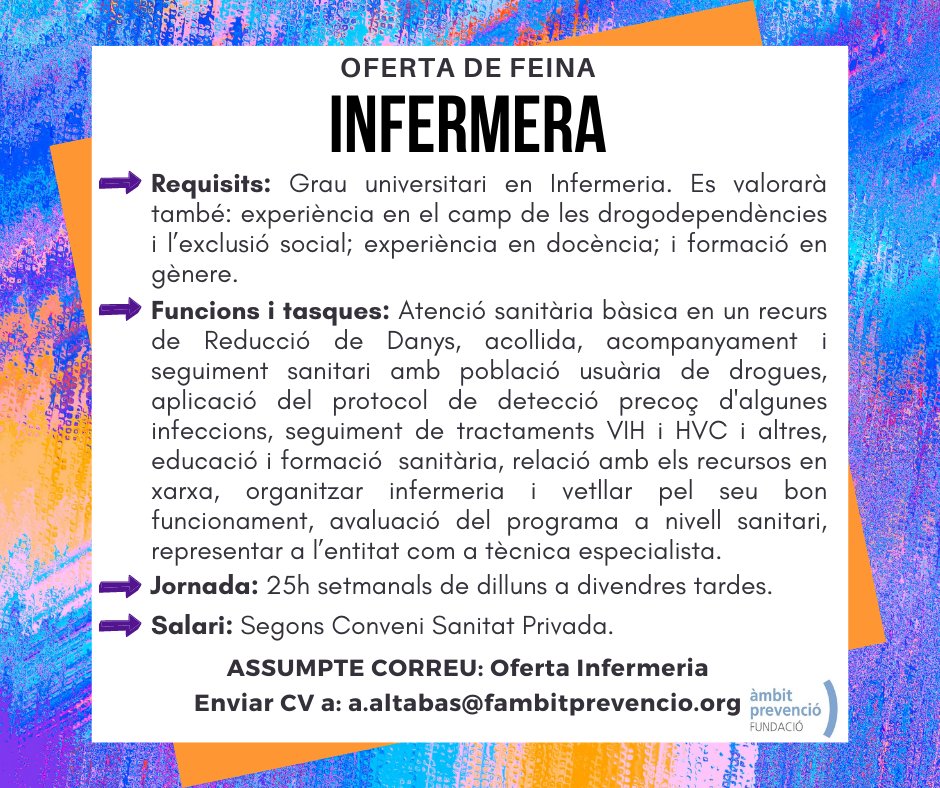 fambitprevencio's tweet photo. 🔍Cerquem #infermera per #CRDRobadors

📅#OfertaLaboral de 25h setmanals de dilluns a divendres per les tardes.

💰Salari segons Conveni Sanitat Privada.

❗Incorporació immediata.

📩Enviar #CV a a.altabas@fambitprevencio.org

👉Més informació https://t.co/OPyful0UTD https://t.co/zVnpddVyVL