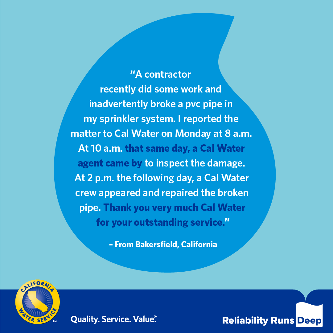 calwater's tweet photo. We ❤️ providing quality, service, and value to our customers -- and hearing what you have to say. 👷 Thank you to this Bakersfield customer for this kudo on a job well done! ☝️#ReliabilityRunsDeep https://t.co/738OGfBAGG